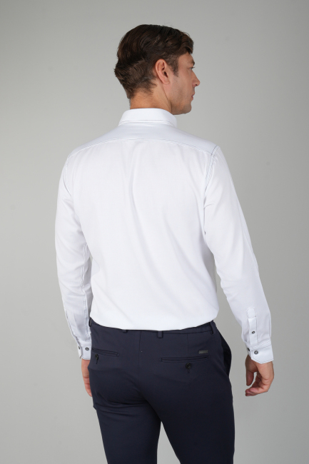 Erkek Uzun Kollu Regular Fit Haki Dikişli Beyaz Gömlek - 2