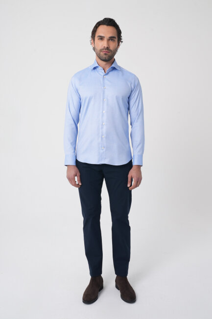 Erkek Uzun Kollu Regular Fit Mavi Klasik Gömlek - 3