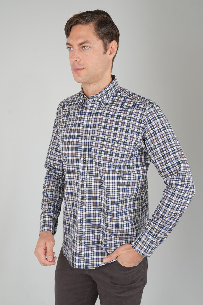 Erkek Uzun Kollu Regular Fit Pamuk Gömlek Kahve