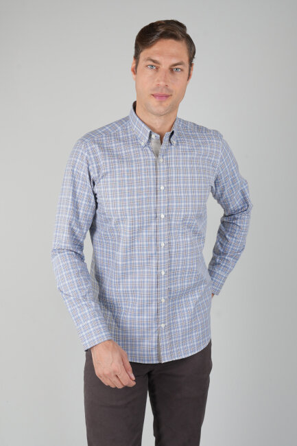 Erkek Uzun Kollu Regular Fit Pamuk Gömlek Mavi-Bej - 1