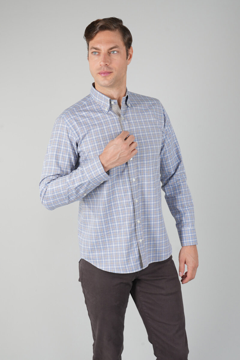 Erkek Uzun Kollu Regular Fit Pamuk Gömlek Mavi-Bej - 3