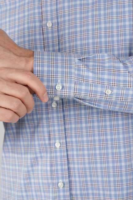 Erkek Uzun Kollu Regular Fit Pamuk Gömlek Mavi-Bej - 6