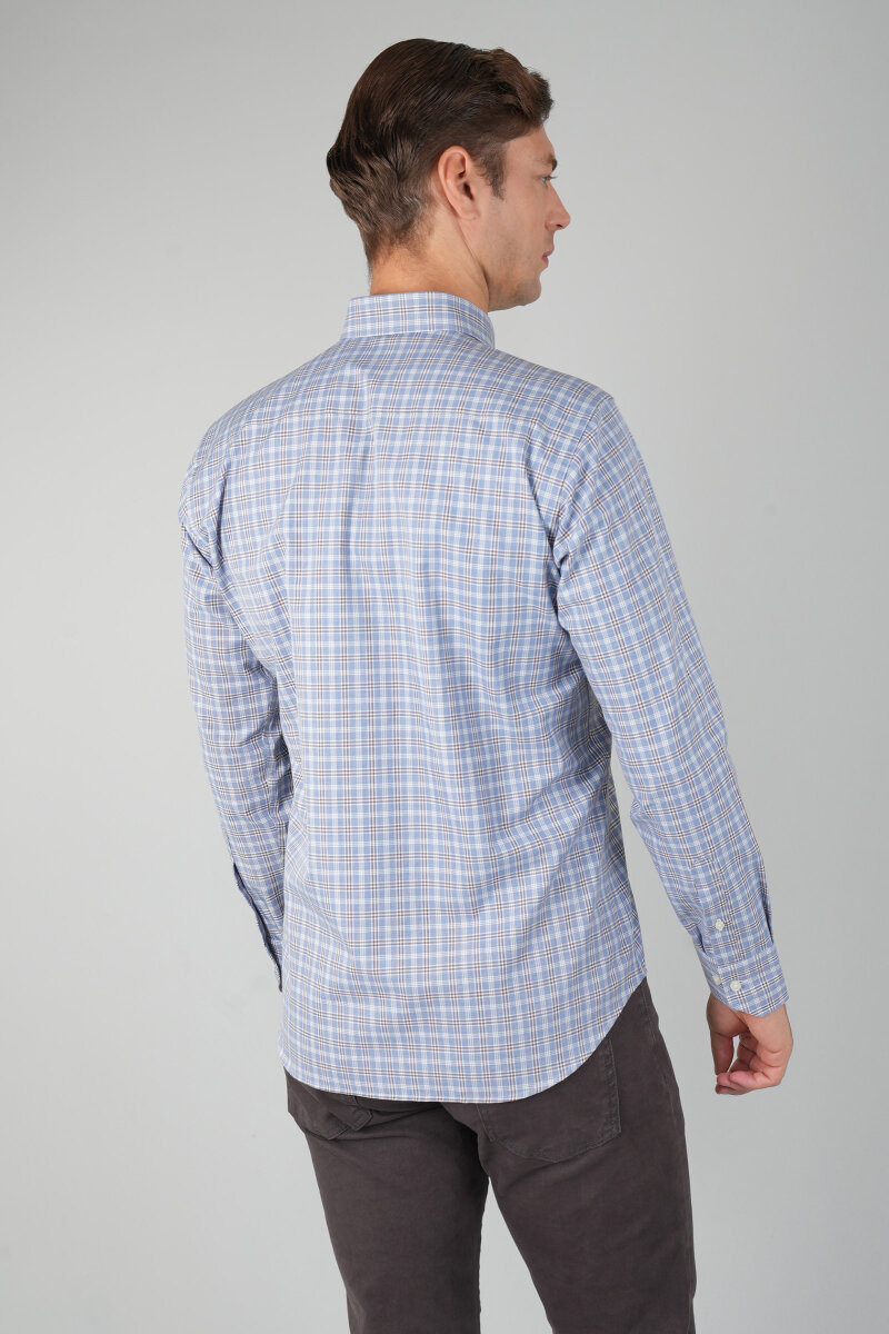 Erkek Uzun Kollu Regular Fit Pamuk Gömlek Mavi-Bej (1)
