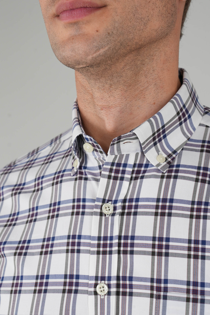 Erkek Uzun Kollu Regular Fit Pamuk Spor Kareli Gömlek Ekru - 3