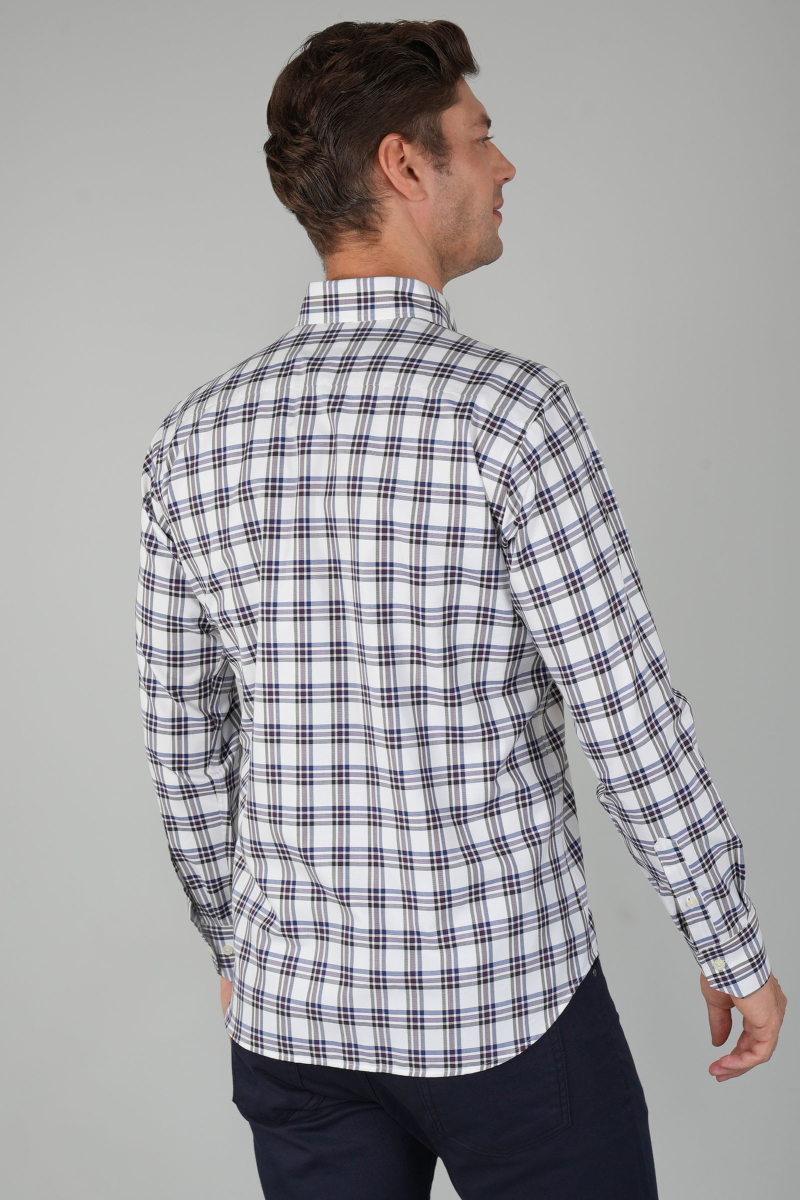 Erkek Uzun Kollu Regular Fit Pamuk Spor Kareli Gömlek Ekru (1)