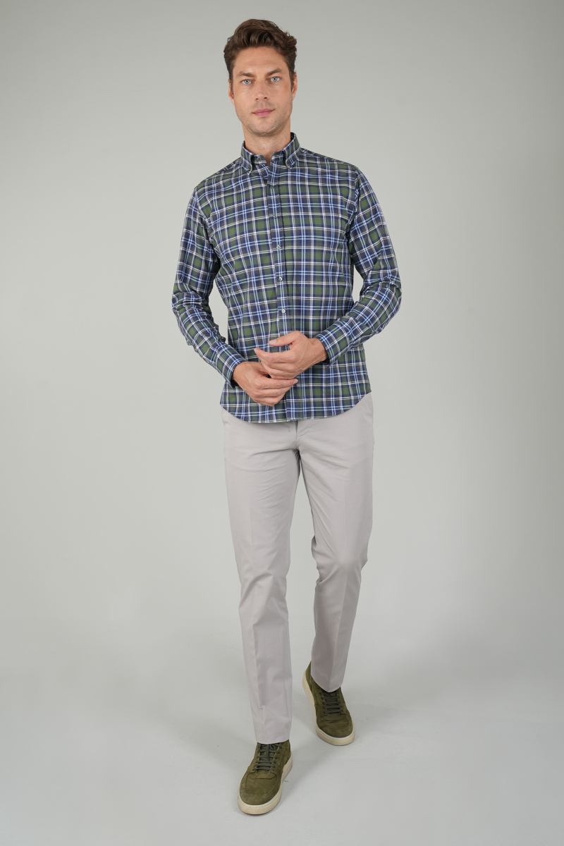 Erkek Uzun Kollu Regular Fit Pamuk Spor Kareli Gömlek Lacivert - 5