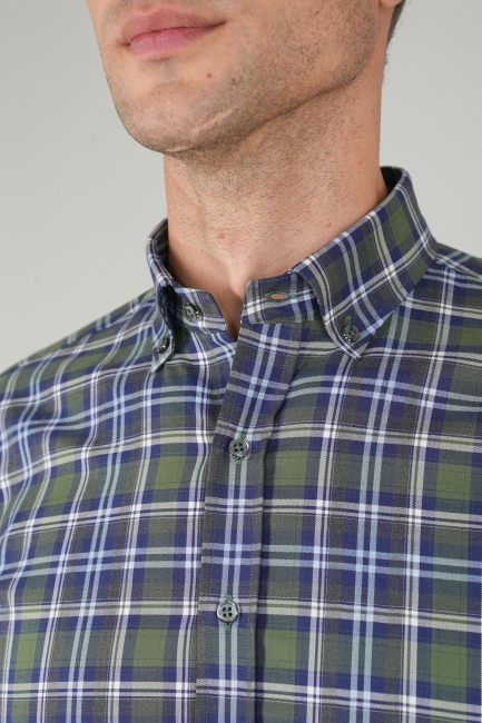 Erkek Uzun Kollu Regular Fit Pamuk Spor Kareli Gömlek Lacivert - 3