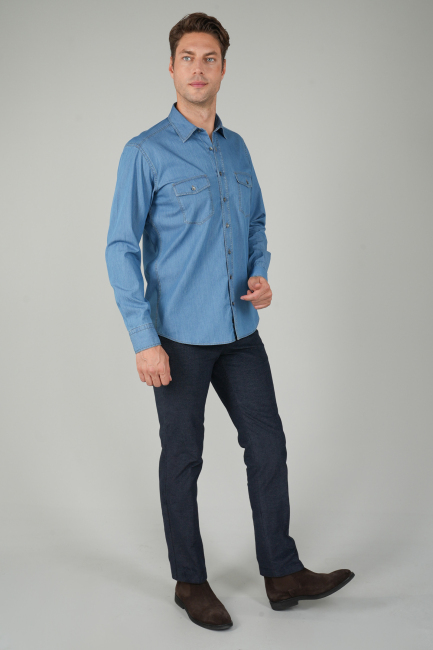 Erkek Uzun Kollu Spor Açık Renk Denim Gömlek - 5