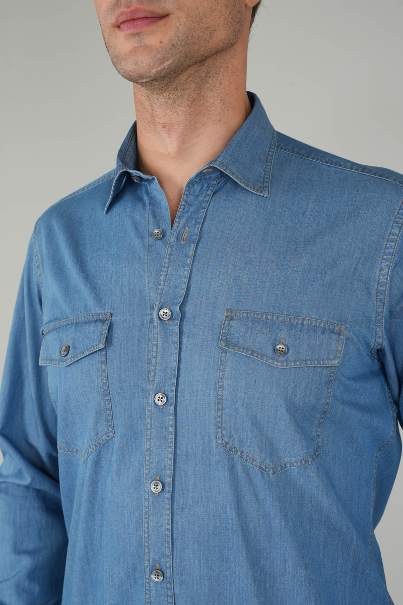 Erkek Uzun Kollu Spor Açık Renk Denim Gömlek - 3