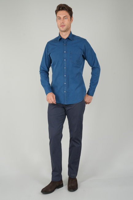 Erkek Uzun Kollu Spor Yaka Denim Gömlek - 5