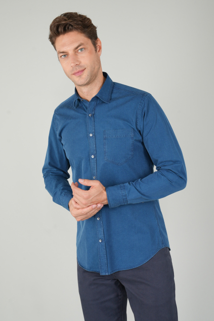 Erkek Uzun Kollu Spor Yaka Denim Gömlek - 2