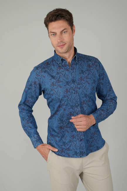 Erkek Uzun Kollu Spor Yaka Floral Desenli Denim Gömlek - 1