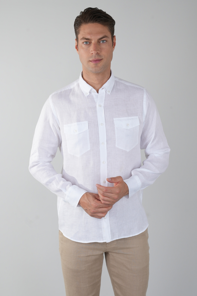 Erkek Uzun Kollu Spor Yaka  Keten Beyaz Gömlek