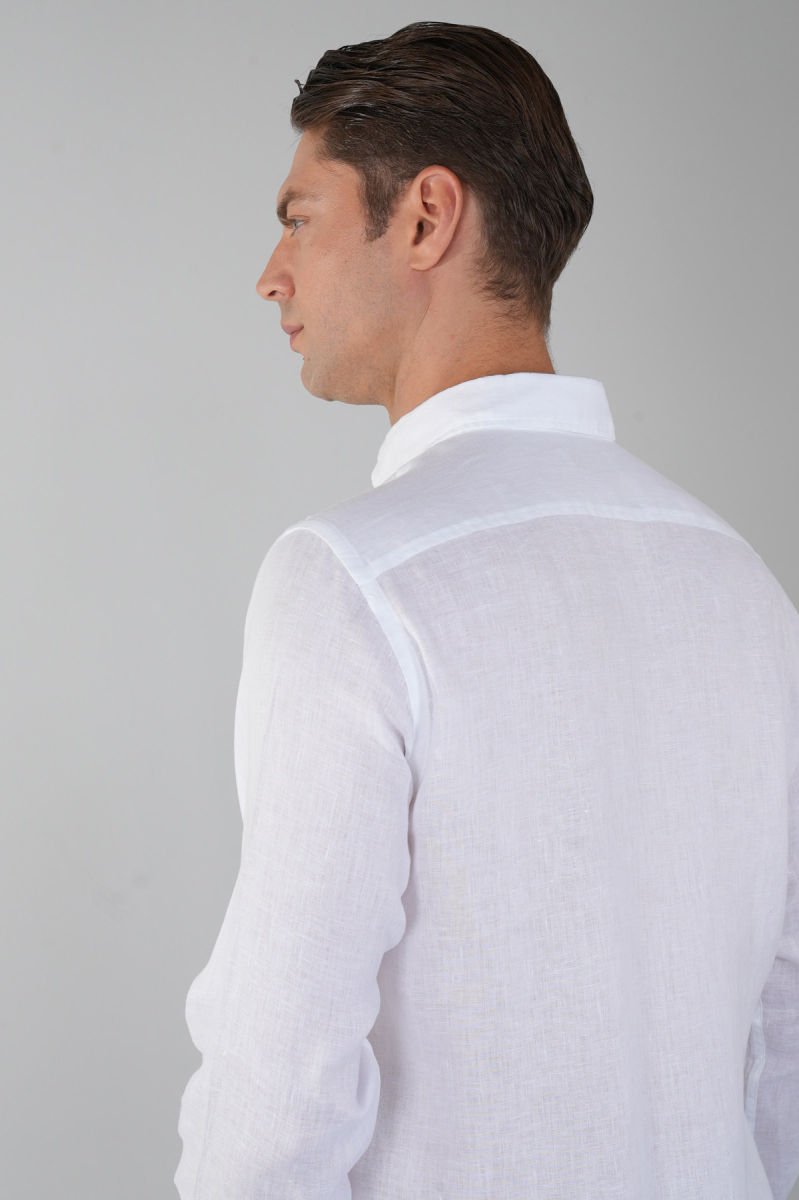 Erkek Uzun Kollu Spor Yaka  Keten Beyaz Gömlek (1)