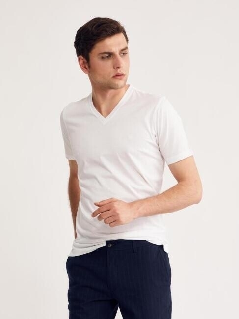Erkek V Yaka T-Shirt BEYAZ - 4