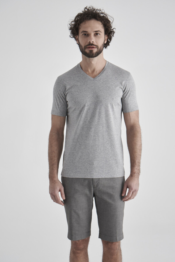 Basic Suprem V Yaka Gri Erkek T-Shirt - 1