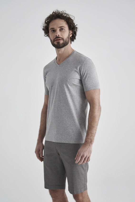 Basic Suprem V Yaka Gri Erkek T-Shirt - 3