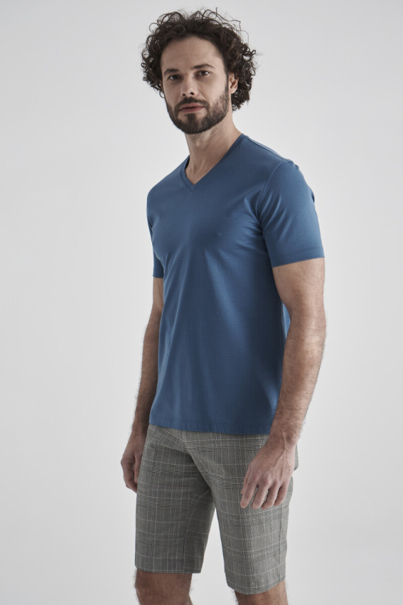 Basic Suprem V Yaka İndigo Erkek T-Shirt - 1