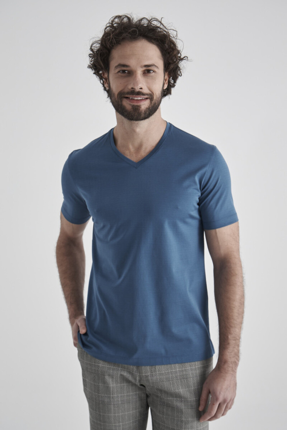 Basic Suprem V Yaka İndigo Erkek T-Shirt - 3