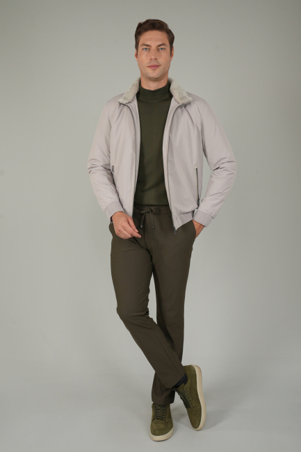 Erkek Yakası Kürklü Fermuarlı Bej Mont - 5