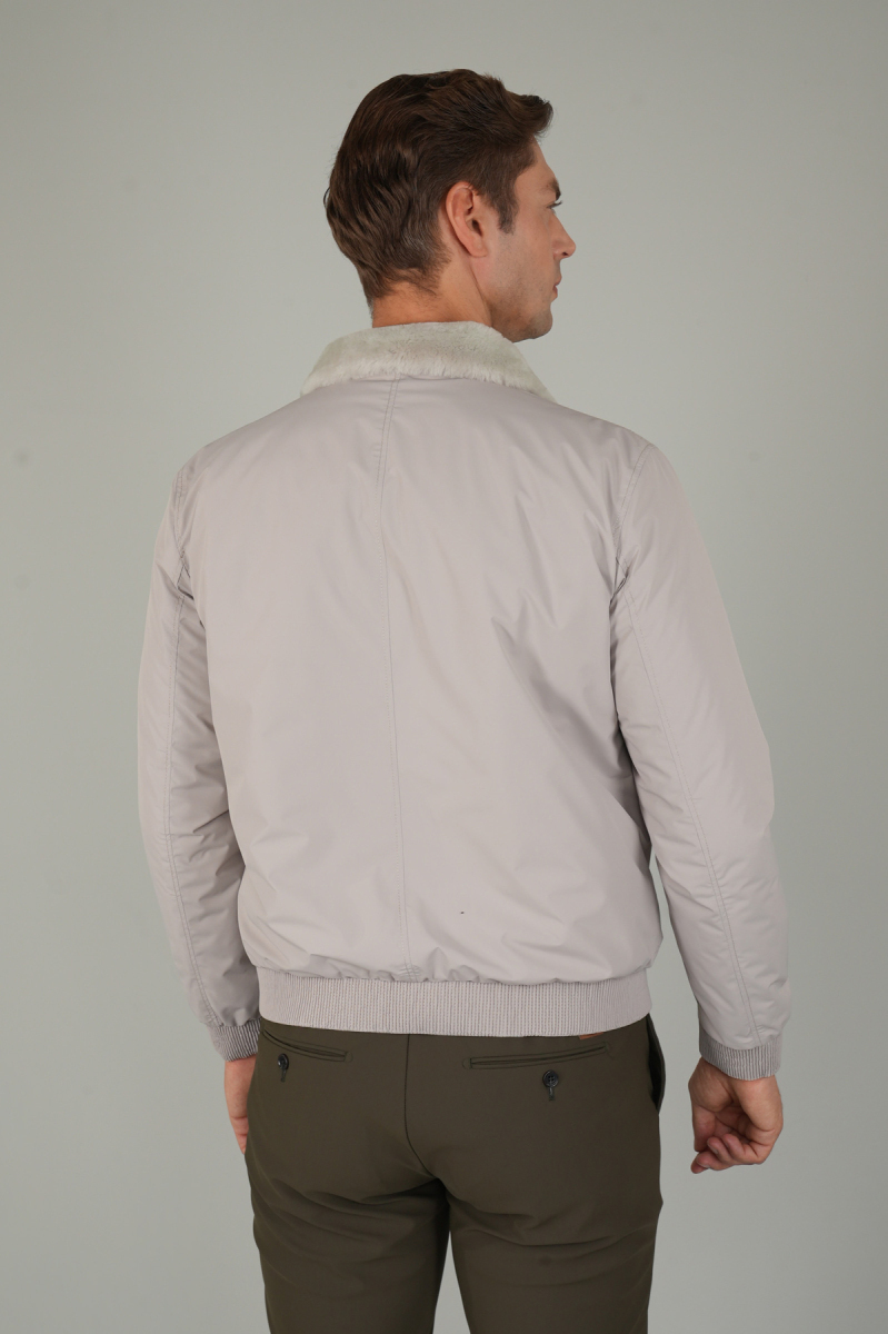 Erkek Yakası Kürklü Fermuarlı Bej Mont (1)