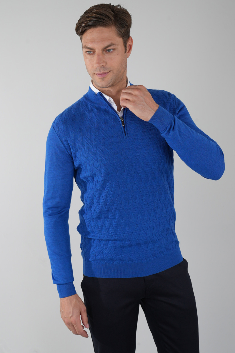 Erkek Yarım Balıkçı Yaka Fermuar Detaylı Jakarlı Triko Sax