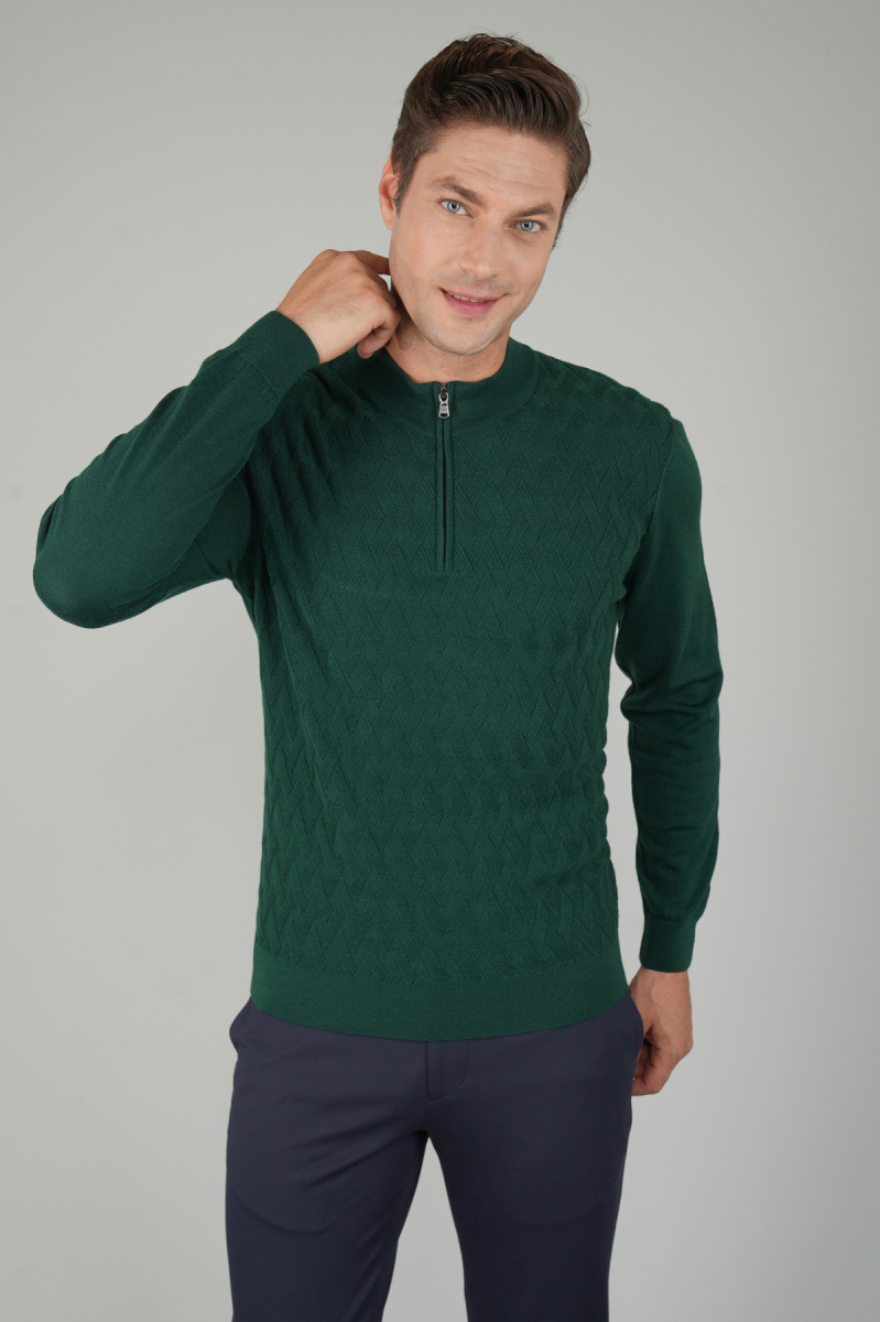 Erkek Yarım Balıkçı Yaka Fermuar Detaylı Jakarlı Triko Yeşil