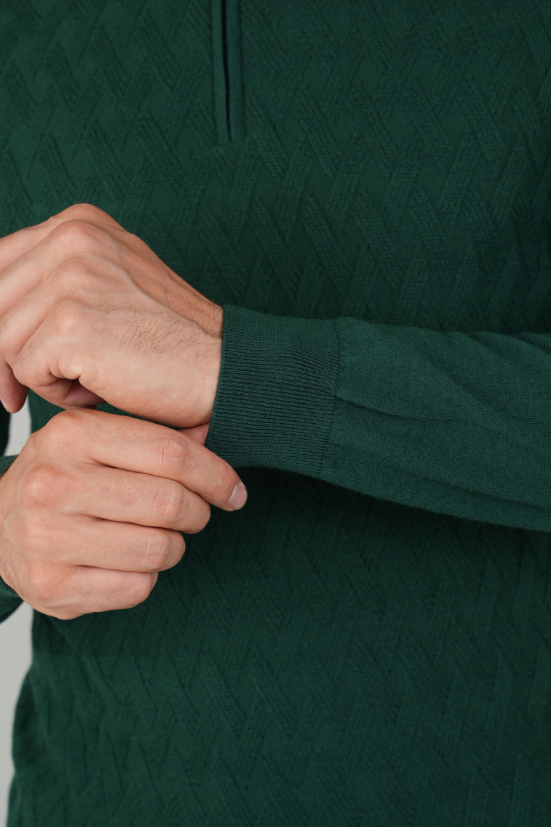 Erkek Yarım Balıkçı Yaka Fermuar Detaylı Jakarlı Triko Yeşil - 5