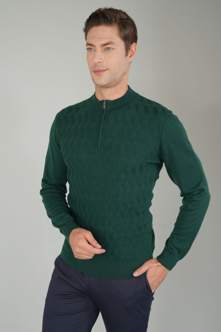 Erkek Yarım Balıkçı Yaka Fermuar Detaylı Jakarlı Triko Yeşil - 3