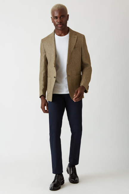 Erkek Yeşil 2 Düğmeli Çift Yırtmaç Mono Yaka Ceket - 5