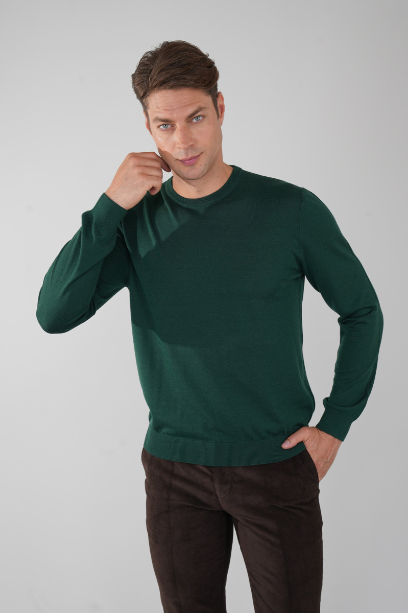 Erkek Yeşil Bisiklet Yaka Yün Triko