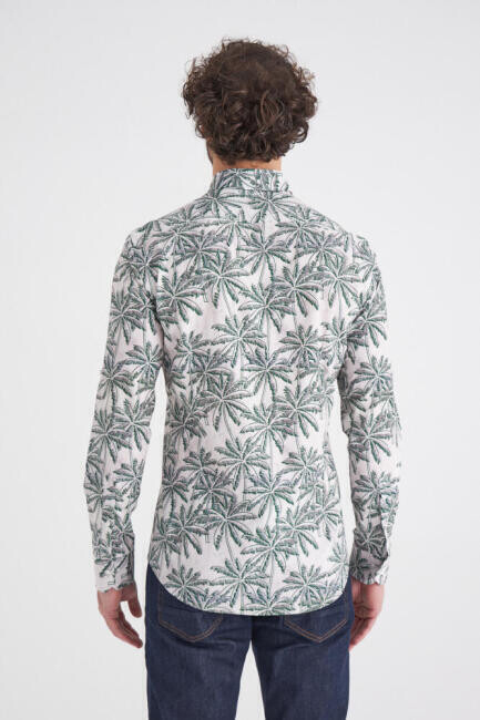 Erkek Yeşil Desenli Slim Fit Uzun Kol Spor Gömlek (1)