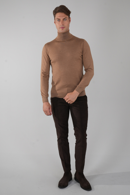 Erkek Yün Basic Yarım Balıkçı Yaka Triko Açık-Kahve - 5