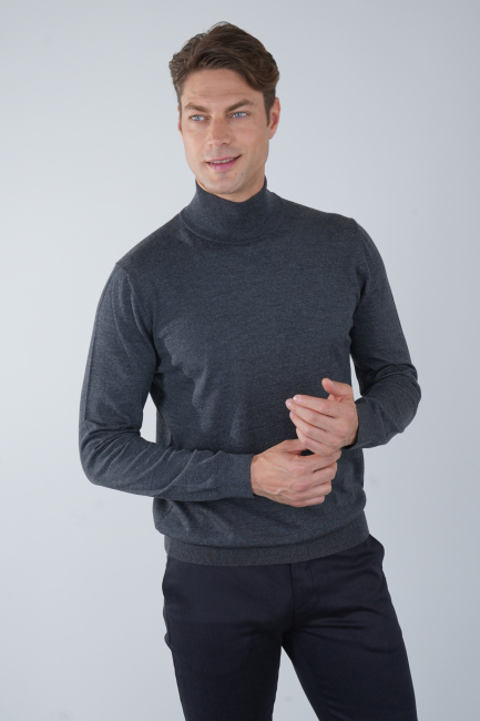 Erkek Yün Basic Yarım Balıkçı Yaka Triko Antrasit 