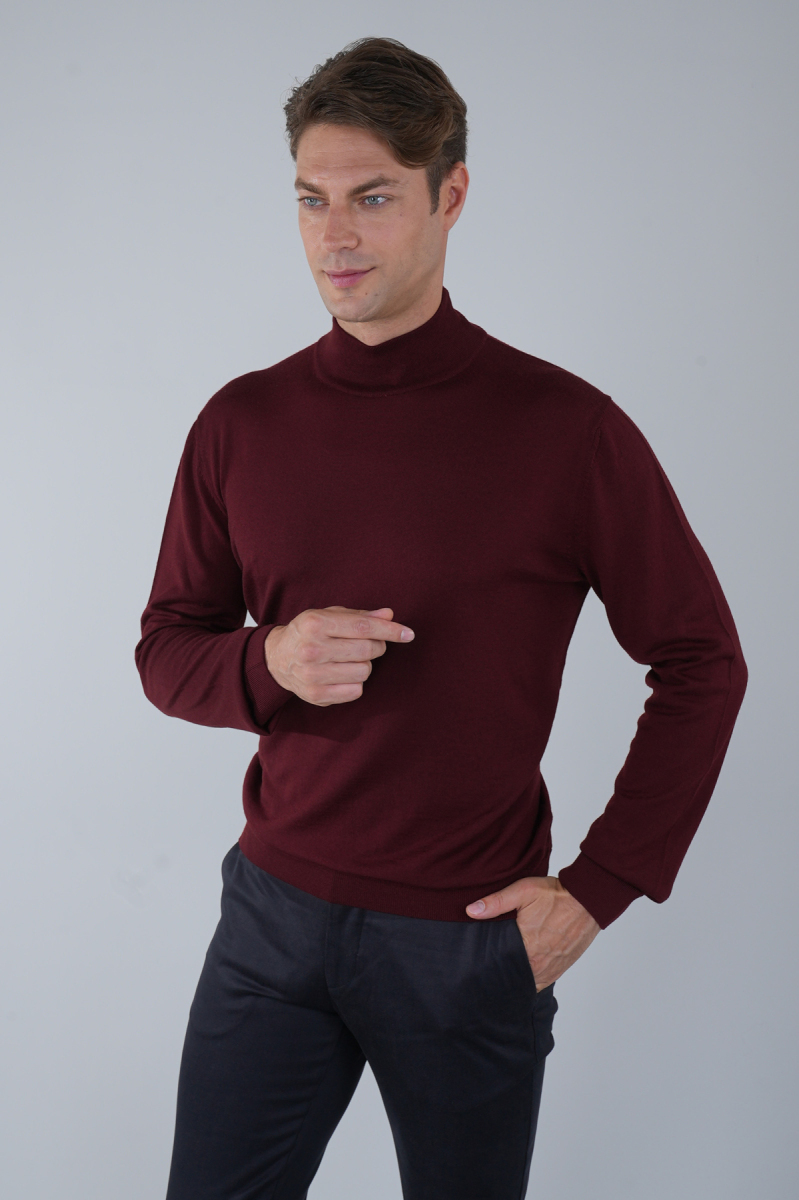 Erkek Yün Basic Yarım Balıkçı Yaka Triko Bordo