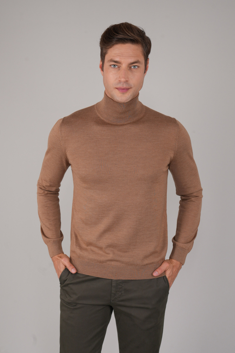 Erkek Yün Basic Yarım Balıkçı Yaka Triko Camel