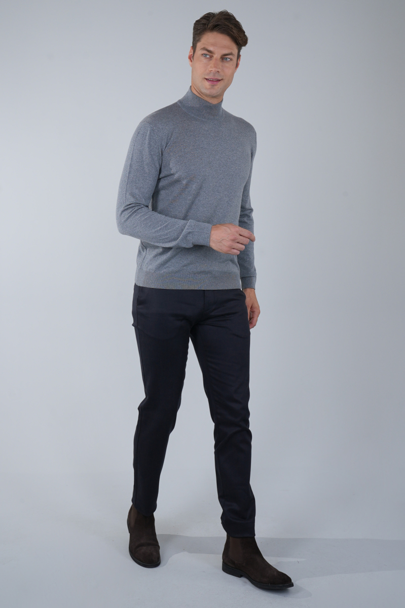 Erkek Yün Basic Yarım Balıkçı Yaka Triko Gri Melanj - 5