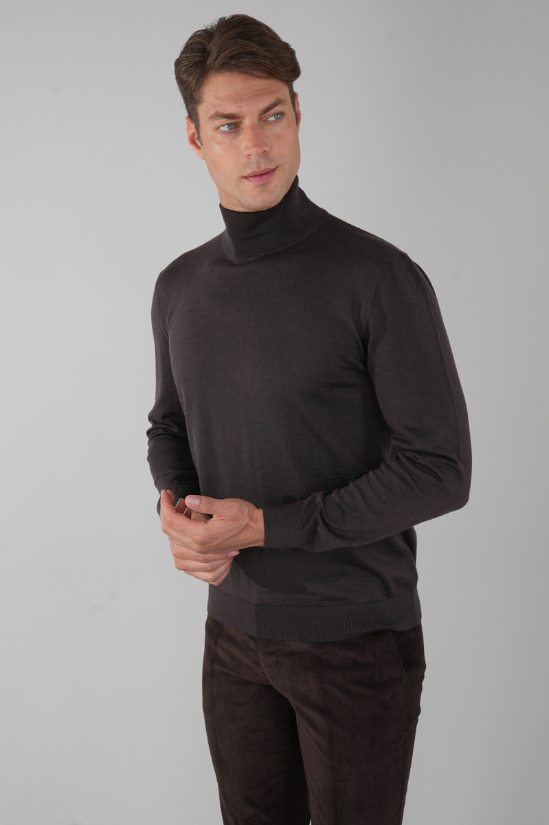 Erkek Yün Basic Yarım Balıkçı Yaka Triko Kahve