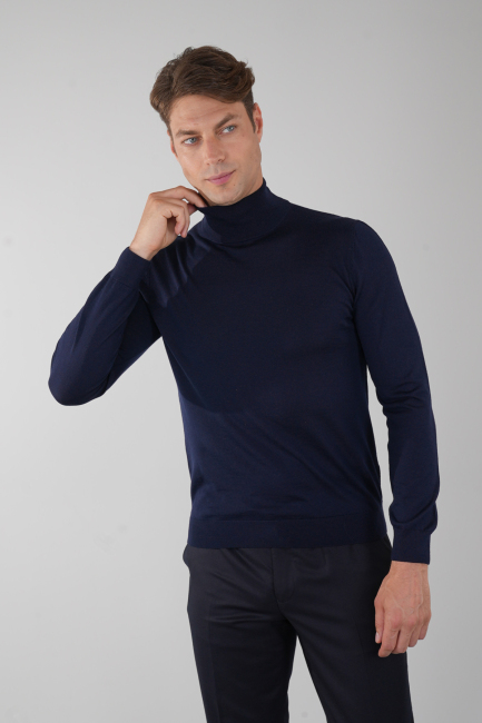 Erkek Yün Basic Yarım Balıkçı Yaka Triko Lacivert 