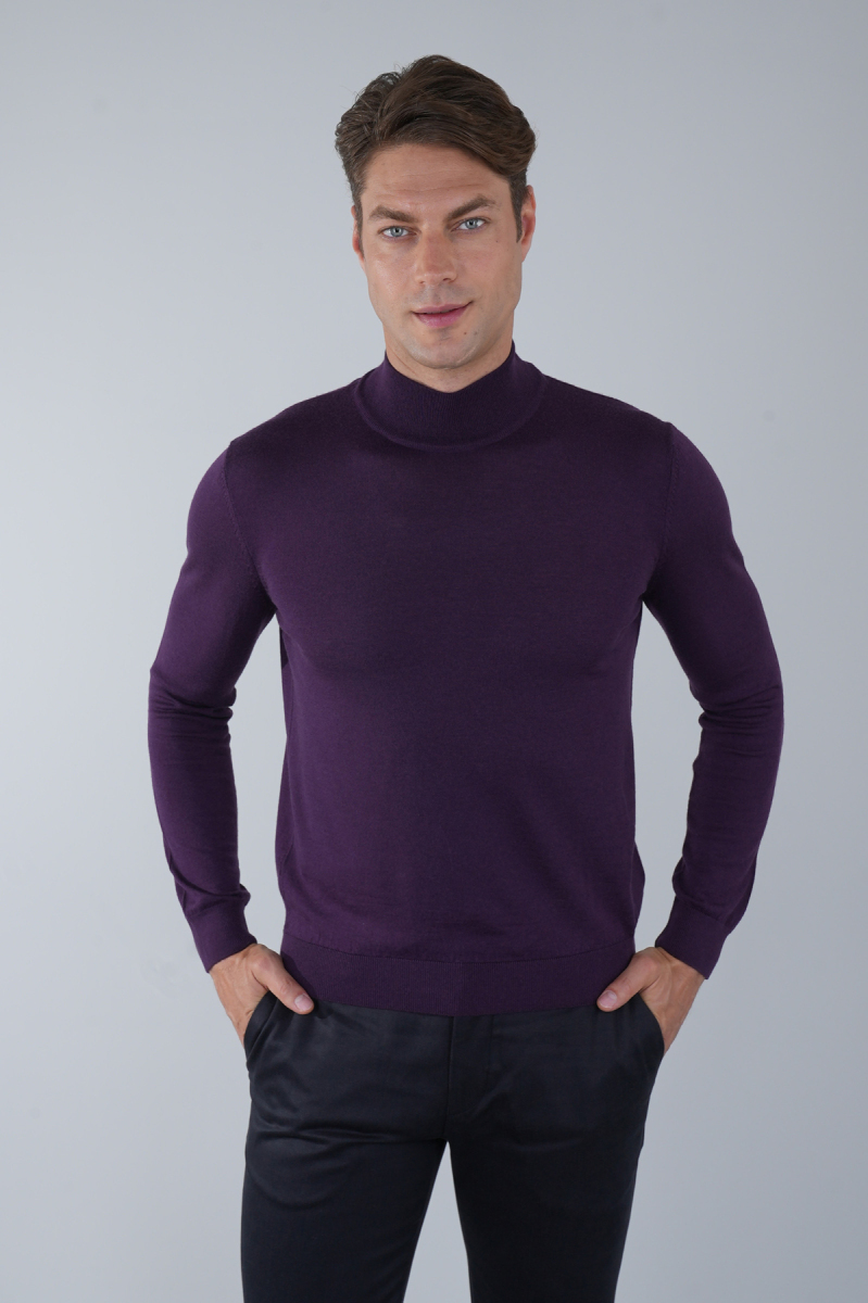 Erkek Yün Basic Yarım Balıkçı Yaka Triko Mürdüm