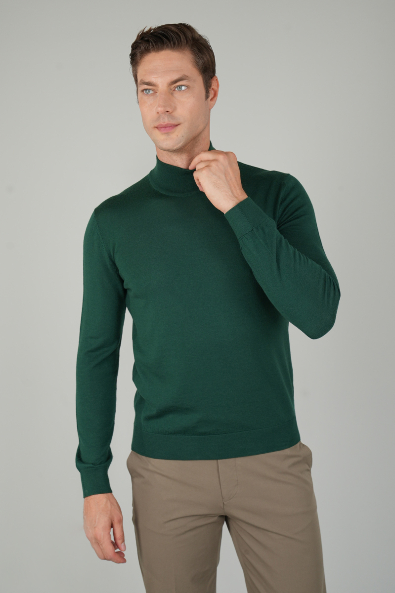 Erkek Yün Basic Yarım Balıkçı Yaka Triko Yeşil