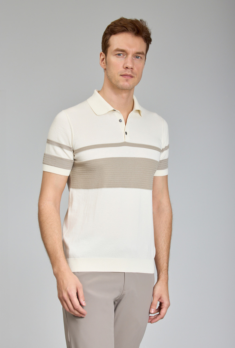 Fermuarlı Polo Yaka Kısa Kollu Yazlık Ekru Erkek Triko (1)