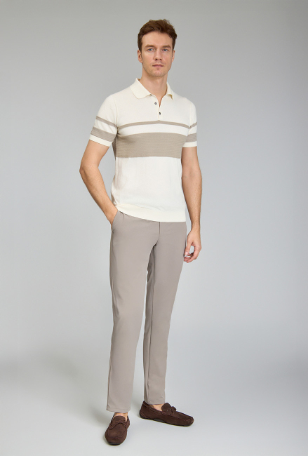 Fermuarlı Polo Yaka Kısa Kollu Yazlık Ekru Erkek Triko - 3
