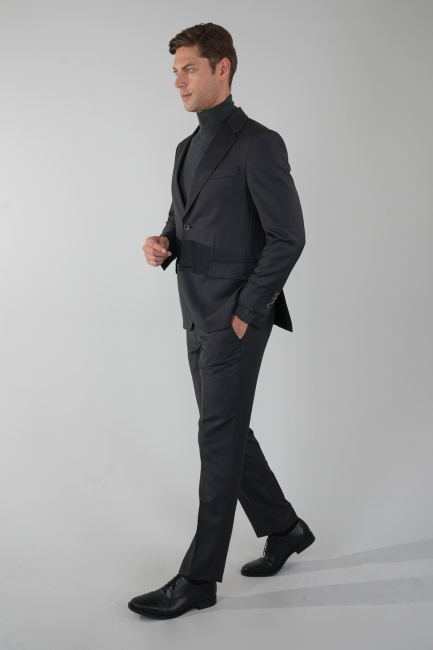 Füme Dokuma Mono Yaka Çift Yırtmaçlı 4 Drop Yün Takım Elbise - 3