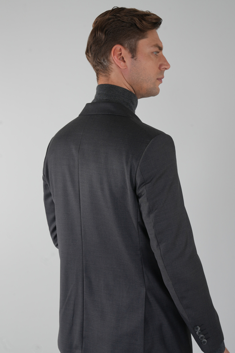 Füme Dokuma Mono Yaka Çift Yırtmaçlı 4 Drop Yün Takım Elbise - 4