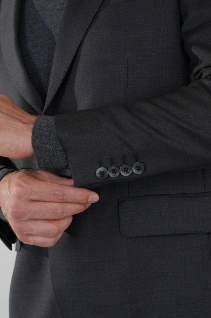 Füme Dokuma Mono Yaka Çift Yırtmaçlı 4 Drop Yün Takım Elbise - 5