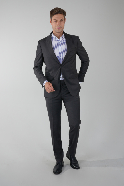 Füme Dokuma Mono Yaka Çift Yırtmaçlı 6 Drop Yün Takım Elbise 