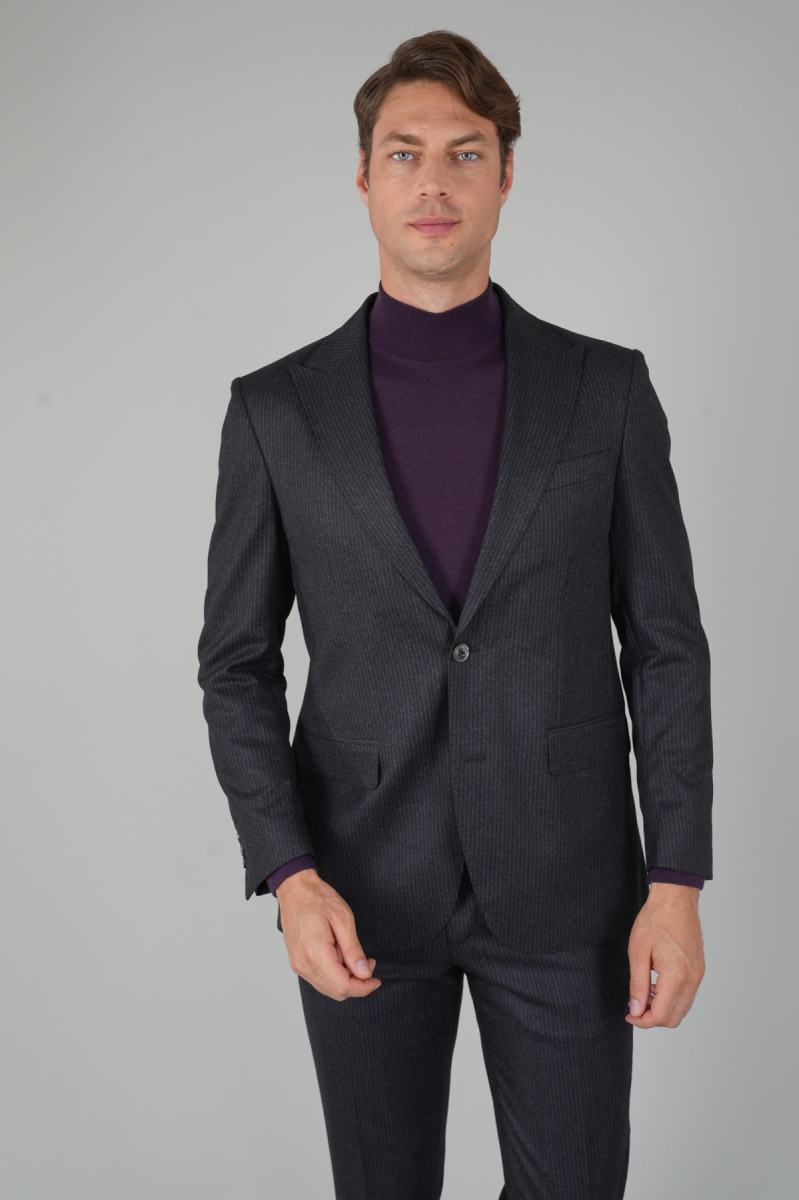 Füme Kırlangıç Yaka Çift Yırtmaçlı 6 Drop Yün Takım Elbise - 6