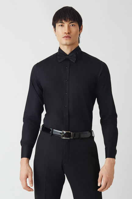 Slim Fit Ata Yaka Siyah Erkek Smokin Gömlek - Bisse