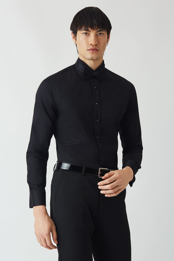 Slim Fit Ata Yaka Siyah Erkek Smokin Gömlek - 5